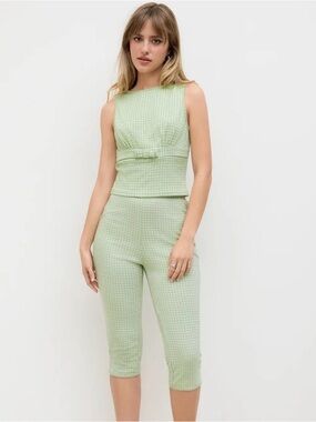 Cider Light Green Gingham Cropped Tank & Capri Set